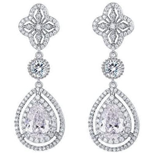 Scarlvambo Womens Luxury Cubic Zirconia Teardrop Pierced Dangle Bridesmaid Earrings Silver-Tone Clear