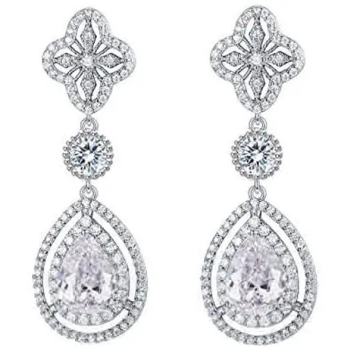 Scarlvambo Womens Luxury Cubic Zirconia Teardrop Pierced Dangle Bridesmaid Earrings Silver-Tone Clear