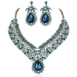 Vine Leaves Austrian Rhinestone Crystal Necklace Earrings Set Bridal Teal N812t