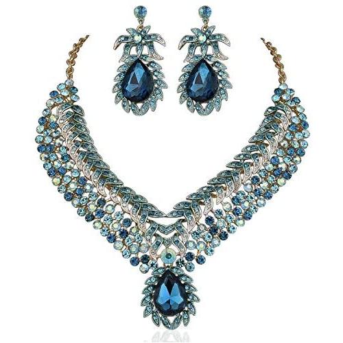 Vine Leaves Austrian Rhinestone Crystal Necklace Earrings Set Bridal Teal N812t
