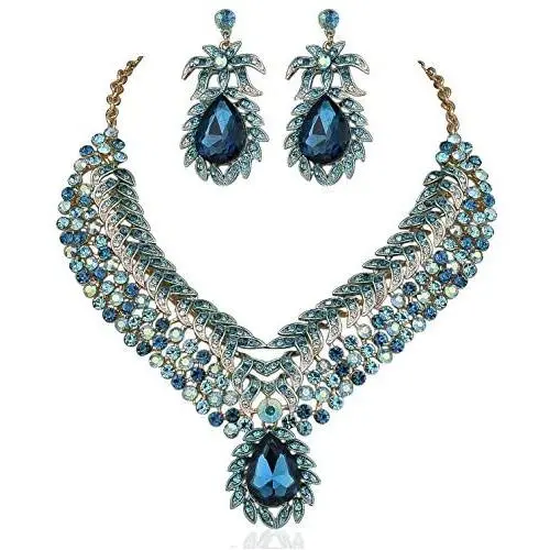 Vine Leaves Austrian Rhinestone Crystal Necklace Earrings Set Bridal Teal N812t