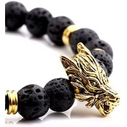 Jovivi Jewelry 6pc Men Women 8mm Mix Style Gold Plated Lion/Wolf/Fox/Sparta Helmet Black Lava Energy Stone Beads Stretch Bracelet