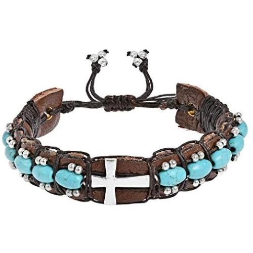 AeraVida Sleek Sideways Cross Simulated Turquoise Rolls Leather Adjustable Wrist Pull Bracelet AeraVida Sleek Sideways Cross Simulated Turquoise Rolls Leather Adjustable Wrist Pull Bracelet