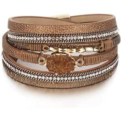 FANCY SHINY Leather Wrap Bracelet Boho Cuff Bracelets Crystal Bead Bracelet with Magnetic Clasp Jewelry Gifts for Women Teen Girls
