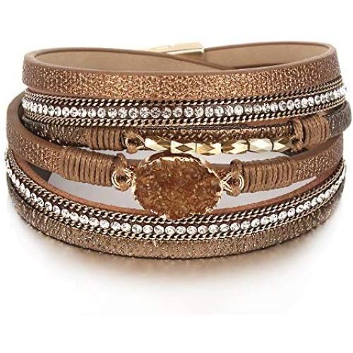 FANCY SHINY Leather Wrap Bracelet Boho Cuff Bracelets Crystal Bead Bracelet with Magnetic Clasp Jewelry Gifts for Women Teen Girls