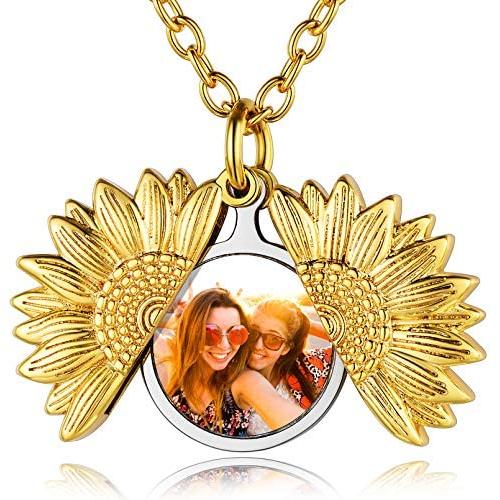 Custom4U Sunflower Locket Necklace for Women 18K Gold Plated Sunflower Angel Wing Locket Necklace That Holds Picture with Chain 18 Inch Custom Jewelry Personalized Photo Locket Necklace for Girls