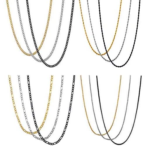 TAMHOO 12 PCS Assorted Chain Necklaces for Men and Women in 4 Styles 3 Colors - Figaro Chain, Rope Chain, Cuban Link Curb Chain, Square Rolo Chain - Gold, Silver, Black