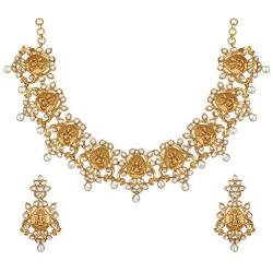 Aheli Beautiful Wedding Wear Indian Laxmi Goddess Faux Stone Studded Floral Design Crafted Necklace Earrings Set Ethnic Fashion Jewelry for Women