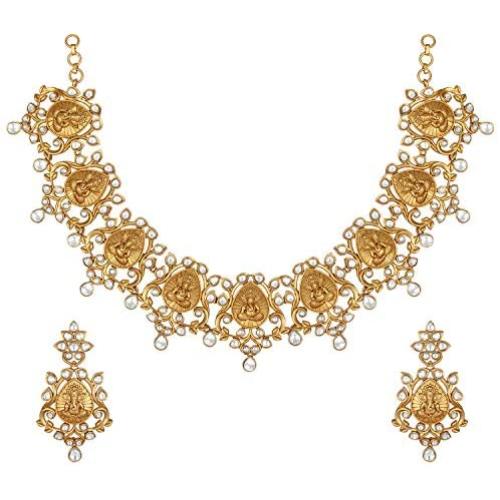 Aheli Beautiful Wedding Wear Indian Laxmi Goddess Faux Stone Studded Floral Design Crafted Necklace Earrings Set Ethnic Fashion Jewelry for Women