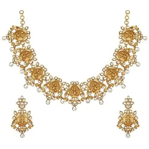 Aheli Beautiful Wedding Wear Indian Laxmi Goddess Faux Stone Studded Floral Design Crafted Necklace Earrings Set Ethnic Fashion Jewelry for Women