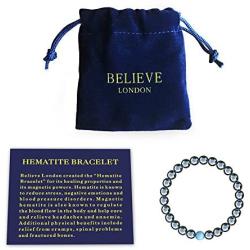 Believe London Hematite Magnetic Therapy Bracelet with Jewelry Bag & Meaning Card | Strong Elastic | Precious Natural Stones Healing