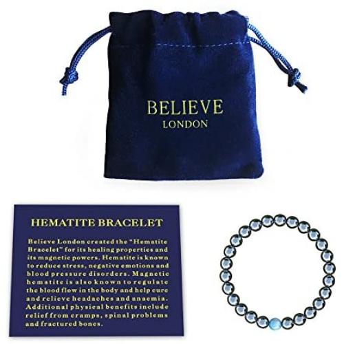 Believe London Hematite Magnetic Therapy Bracelet with Jewelry Bag & Meaning Card | Strong Elastic | Precious Natural Stones Healing
