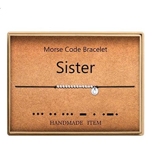 SANNYRA Morse Code Bracelet Initial Disc Beads on Adjustable Silk Cord Sister Friendship Bracelet 26 Letters Alphabets Inspirational Gift for Women