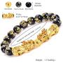 Feng Shui Amulet Bracelet Prosperity 12mm Mantra Bead Bracelet with Double Gold Plated Pi Xiu/Pi Yao Attract Lucky and Wealthy Bangle