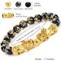 Feng Shui Amulet Bracelet Prosperity 12mm Mantra Bead Bracelet with Double Gold Plated Pi Xiu/Pi Yao Attract Lucky and Wealthy Bangle