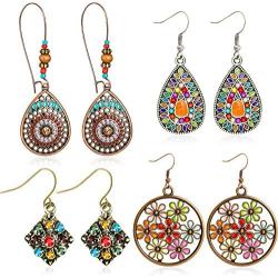 4 Pairs Bohemian Vintage Dangle Earrings Retro Rhinestone Earrings Boho Dangle Drop Earrings for Women Girls (Style A)