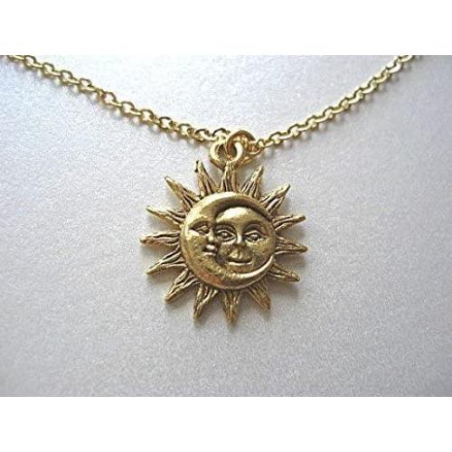 Gold Sun and Moon Pewter Charm Celestial Necklace, Gift for Her