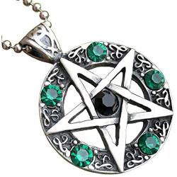 Wicca Jewelry Celtic Pentagram Pentacle Star Black-Green Crystal Gem Wiccan Pagan Witch Magic Healing Protection Amulet Pewter Mens Womens Pendant Necklace Charm for Men Women Silver Ball Chain