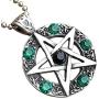 Wicca Jewelry Celtic Pentagram Pentacle Star Black-Green Crystal Gem Wiccan Pagan Witch Magic Healing Protection Amulet Pewter Mens Womens Pendant Necklace Charm for Men Women Silver Ball Chain