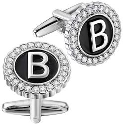 AMITER Cufflinks for Men Initial Mens Crystal Cuff Links Personalized Silver for Wedding Shirt Business Alphabet A-Z