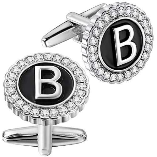 AMITER Cufflinks for Men Initial Mens Crystal Cuff Links Personalized Silver for Wedding Shirt Business Alphabet A-Z