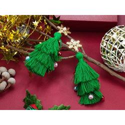 Lightweight Christmas Tree Tassel Beaded Earrings, Bohemian Dangle Drop Green Earrings, Twined with Colored Beads Earring for Women Girls Gift