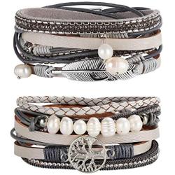 LOYALLOOK 2Pcs Leather Wrap Cuff Bracelet Women Multilayer Tree Wristband Bracelet Magnetic Buckle Boho Bracelet Bangle Jewelry for Mother Friends