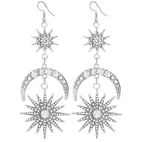 KaFu Exaggerated Luxury Sun Moon Stars Drop Earrings Rhinestone Punk Earrings for Women Jewelry Golden Boho Vintage Statement Earrings