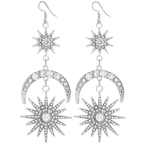 KaFu Exaggerated Luxury Sun Moon Stars Drop Earrings Rhinestone Punk Earrings for Women Jewelry Golden Boho Vintage Statement Earrings