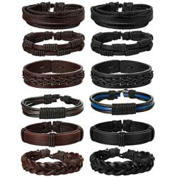 Jstyle 12Pcs Braided Leather Bracelet for Men Women Cuff Wrap Bracelet Adjustable Black and Brown (A:12Pcs)