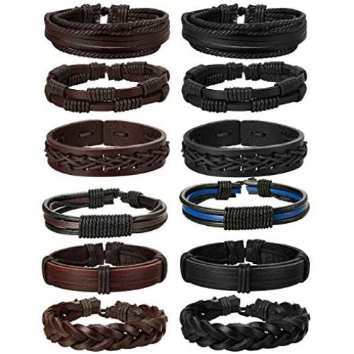Jstyle 12Pcs Braided Leather Bracelet for Men Women Cuff Wrap Bracelet Adjustable Black and Brown (A:12Pcs)