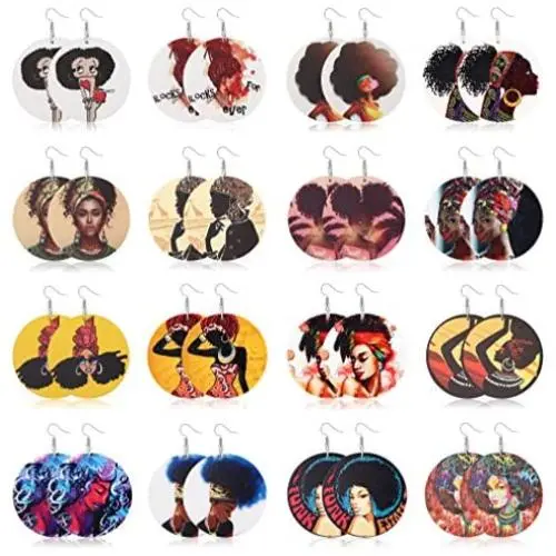 16 Pair Round African Women Earrings Wooden Painted Ethnic Style Dangle Earring Geometric Personalized Earrings 16 Pair Round African Women Earrings Wooden Painted Ethnic Style Dangle Earring Geometric Personalized Earrings