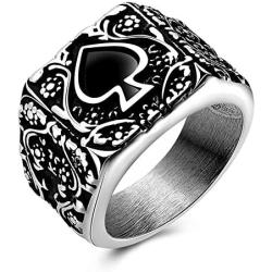 JAJAFOOK Mens Stainless Steel Ring, Poker Spade Ace, Vintage Biker Rings, Black Silver Size 6 7 8 9