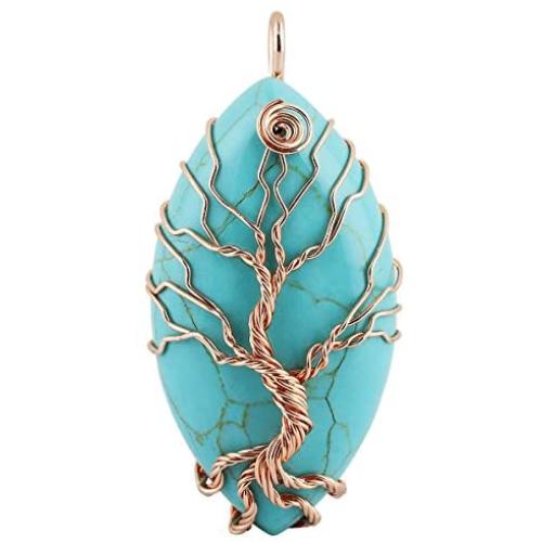 SUNYIK Oval Stone Tree of Life Necklace,HandmadeHealing Crystal Wire Wrapped Pendant Jewelry for Unisex