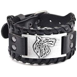 MRSXXNTY Viking Bracelet Wolf Head Vintage Nordic Rune Vintage Gothic Bracelet for Celtic Pagan Jewelry Braided Leather Bracelet