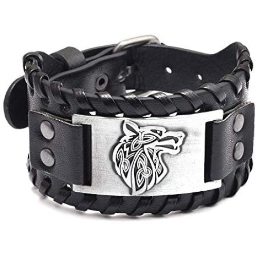MRSXXNTY Viking Bracelet Wolf Head Vintage Nordic Rune Vintage Gothic Bracelet for Celtic Pagan Jewelry Braided Leather Bracelet