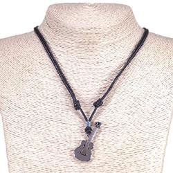BlueRica Guitar Pendant on Adjustable Black Rope Cord Necklace (Chrome Finish)