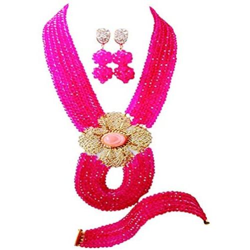 laanc 6Rows 18 inch African Beads Necklace Bracelet Earrings Nigerian Style Wedding Party Jewelry Sets