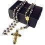 elegantmedical HANDMADE GOLD BLUE CLOISONNE ROSE BEADS ROSARY ITALY CROSS CRUCIFIX CATHOLIC NECKLACE BOX