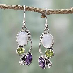 NOVICA Peridot Amethyst Rainbow Moonstone .925 Sterling Silver Dangle Earrings, Natural Glamour