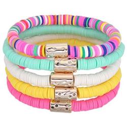 TASBERN Colorful Polymer Clay Bracelets Handmade Rainbow Disc Bead Elastic Rope Boho Beaded Bracelet Set Summer Beach Surf Stackable Stretch Bracelets Jewelry for Women