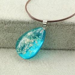 FM FM42 Natural White Pressed Dried Flower Glow in The Dark Blue Teardrop Pendant Necklace GN1225