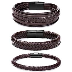 FIBO STEEL 3 Pcs Magnetic-Clasp Braided Leather Bracelets for Men Wrap Leather Wrist Cuff Bangle Bracelets 8.3-8.7in