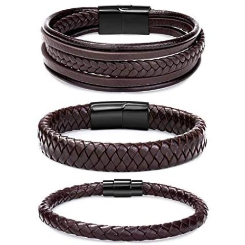 FIBO STEEL 3 Pcs Magnetic-Clasp Braided Leather Bracelets for Men Wrap Leather Wrist Cuff Bangle Bracelets 8.3-8.7in
