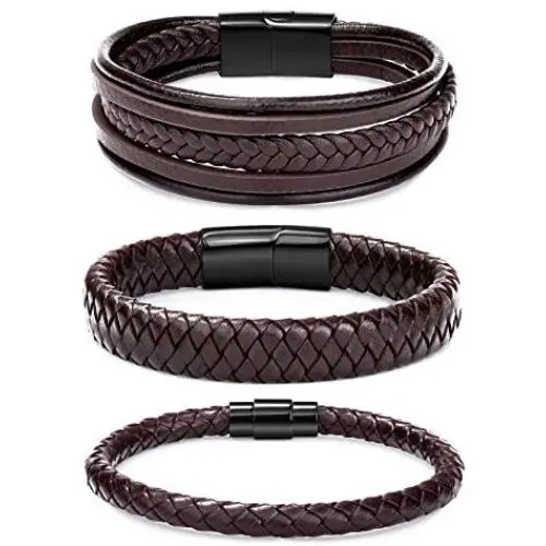 FIBO STEEL 3 Pcs Magnetic-Clasp Braided Leather Bracelets for Men Wrap Leather Wrist Cuff Bangle Bracelets 8.3-8.7in FIBO STEEL 3 Pcs Magnetic-Clasp Braided Leather Bracelets for Men Wrap Leather Wrist Cuff Bangle Bracelets 8.3-8.7in