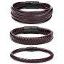FIBO STEEL 3 Pcs Magnetic-Clasp Braided Leather Bracelets for Men Wrap Leather Wrist Cuff Bangle Bracelets 8.3-8.7in