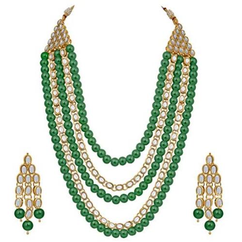 Aheli Kundan Pearl Long Multi Layered Necklace Earrings Set Indian Wedding Jewelry for Women