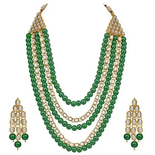 Aheli Kundan Pearl Long Multi Layered Necklace Earrings Set Indian Wedding Jewelry for Women