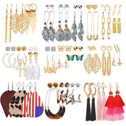 45 Pairs Fashion Drop Earrings Set for Women Girls Gold Dangle Earrings with Bohemian Tassel Leather Acrylic Butterfly Boho Jewelry for Halloween/Birthday/Party/Christmas Gifts