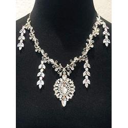 Silver Tone Antique Art Deco Style Flapper Gatsby Rhinestone Statement Wedding Bridal Prom Necklace Earring Set